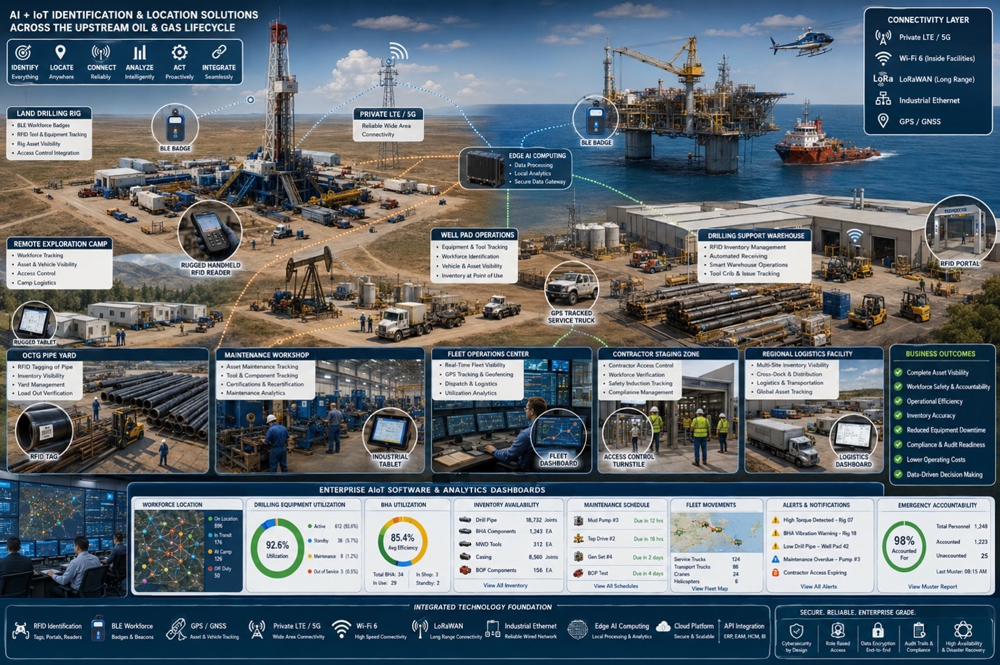 Enterprise illustration of AIoT asset tracking across drilling, offshore, logistics, and upstream operations.