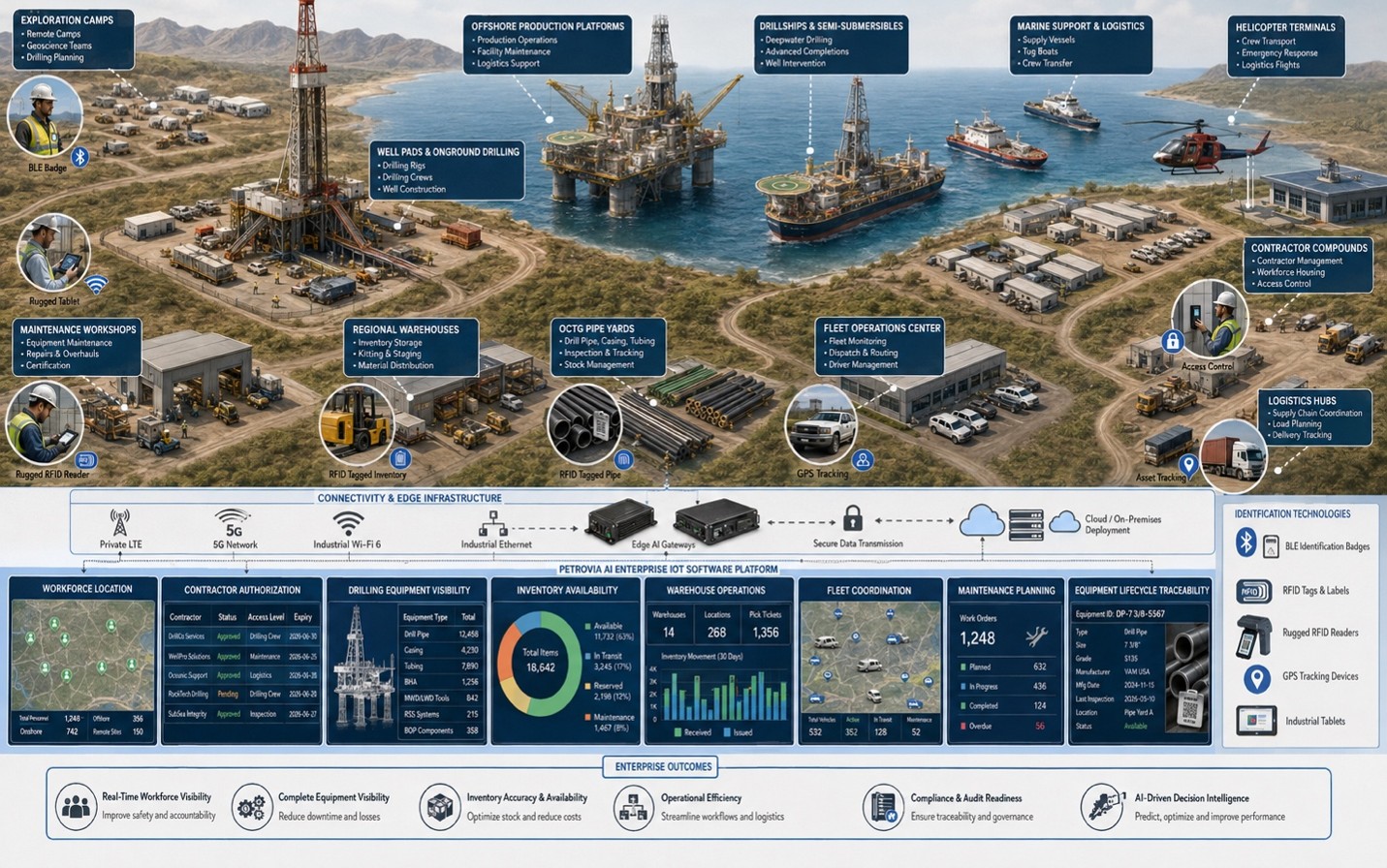 Enterprise AI + IoT platform connecting upstream drilling, offshore assets, workforce, equipment, and logistics.