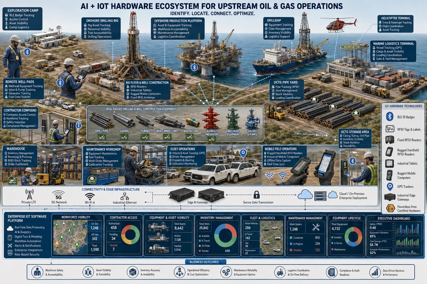 AI + IoT hardware ecosystem connecting upstream drilling, offshore assets, workforce, equipment, and logistics.